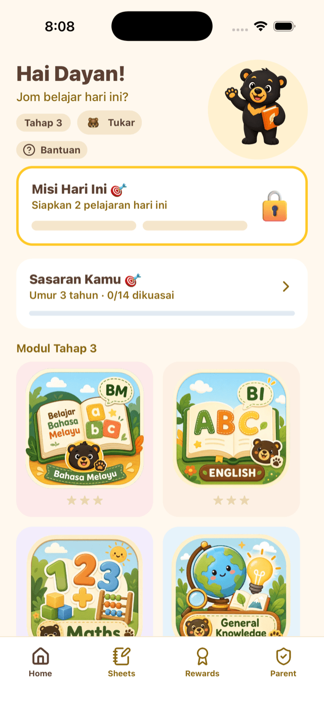 BimaBear home screen showing subjects and daily progress